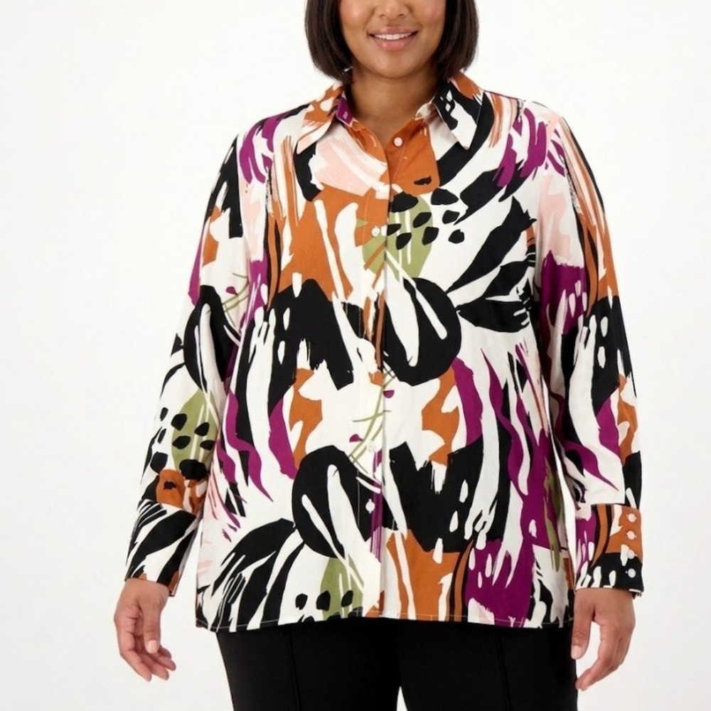 New Eloquii Multi Color Abstract Soft Rayon Long Sleeve Button Down size 18